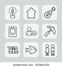 Premium set of outline icons. Such as blue, guitar, picking, innovation, internet, profile, sea, transportation, boy, music, estate, food, bulb, white, creative, fish, industry, musical, label, online