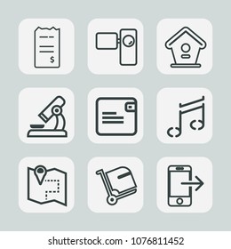Premium set of outline icons. Such as lens, birdhouse, transfer, purse, video, wallet, note, travel, financial, vintage, pin, house, business, finance, bird, retro, camera, bag, location, movie, music