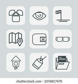 Premium set of outline icons. Such as template, blue, bird, mouth, sunglasses, home, folder, cash, ear, sun, shirt, ocean, file, glasses, eye, travel, purse, wallet, office, blank, beach, mexico, map