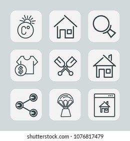 Premium set of outline icons. Such as degree, t-shirt, travel, purchase, price, magnifying, sky, social, estate, air, sign, home, temperature, building, measurement, search, paddle, sale, scale, boat