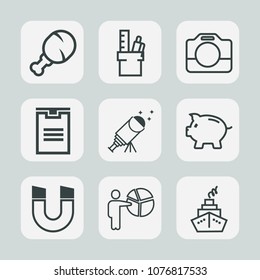 Premium set of outline icons. Such as finance, object, , money, businessman, astronomy, film, telescope, meal, pole, fried, paper, handle, people, leg, chicken, table, coin, professional, presentation