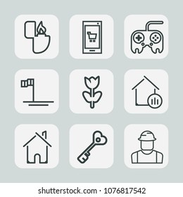 Premium set of outline icons. Such as cigarette, baja, mobile, home, arrow, worker, shop, flame, fire, spring, online, builder, construction, flower, object, building, smoke, estate, app, architecture