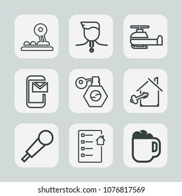Premium set of outline icons. Such as computer, transportation, arrow, trophy, web, gold, success, coffee, medal, music, mug, sound, background, competition, house, helicopter, drink, home, sport, air