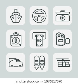 Premium set of outline icons. Such as science, medical, transport, sale, traffic, rail, water, tooth, laboratory, ship, shipping, video, , blue, boat, bag, train, kit, cash, health, lab, tool, box