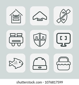 Premium set of outline icons. Such as vision, laptop, white, cap, air, spy, picnic, internet, fashion, park, supermarket, cart, protection, protect, shop, paddle, watch, jump, head, sport, shield, sky
