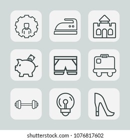 Premium set of outline icons. Such as shoe, baggage, sport, wear, website, light, housework, finance, electric, exercise, concept, fitness, electricity, fashion, building, clothes, medieval, high, web