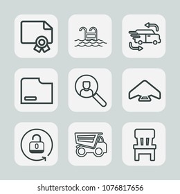 Premium set of outline icons. Such as web, paper, certificate, business, tipper, account, transportation, sign, blue, security, swimming, file, dumper, open, leisure, sky, document, graduation, chair