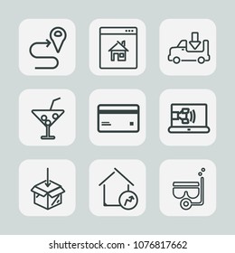 Premium set of outline icons. Such as cargo, road, travel, transport, truck, water, route, summer, money, banking, increase, upload, computer, call, web, mask, internet, glass, lorry, card, direction