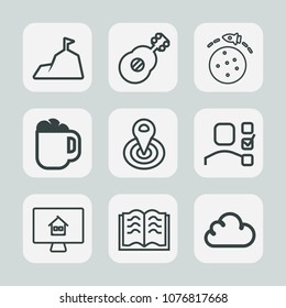 Premium set of outline icons. Such as concert, page, white, real, paper, house, online, landscape, personal, office, musical, mug, cloud, guitar, task, coffee, top, cup, education, book, panorama, sky
