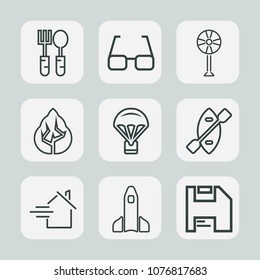 Premium set of outline icons. Such as cooler, electric, landscape, knife, table, ventilator, parachute, launch, eyeglasses, air, property, tree, environment, jump, water, sky, eye, science, oar, home