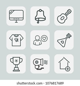 Premium set of outline icons. Such as house, screen, folk, winner, white, business, bell, button, pc, guitar, apartment, musical, technology, concert, championship, fan, ring, online, computer, new