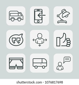 Premium set of outline icons. Such as transport, technology, move, banking, traffic, person, bubble, lamp, success, car, bus, modern, internet, good, transportation, left, money, mobile, template, up