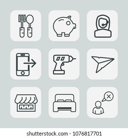 Premium set of outline icons. Such as economy, shop, curtain, machine, equipment, bank, call, work, business, send, internet, web, double, technology, mobile, drill, center, phone, hand, profile, fork