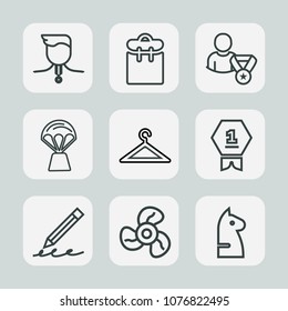 Premium set of outline icons. Such as balloon, online, sport, pen, travel, place, strategy, hand, game, medal, achievement, air, winner, clothing, pass, hanger, cool, fashion, chessboard, education