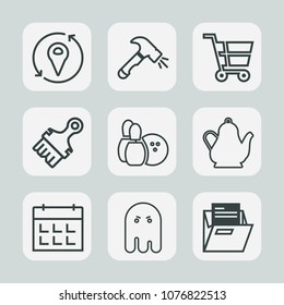 Premium set of outline icons. Such as kitchen, construction, halloween, refreshment, store, scary, game, fear, office, retail, ball, hammer, tea, bowling, schedule, sign, white, calendar, shop, blank