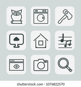 Premium set of outline icons. Such as house, note, equipment, animal, screwdriver, musical, wash, camera, internet, technology, owl, appliance, cloud, object, washer, building, construction, photo