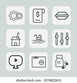 Premium set of outline icons. Such as lettuce, property, summer, sandwich, meal, business, pool, burger, building, blank, new, fast, logo, cheese, web, medicine, swimming, water, architecture, estate