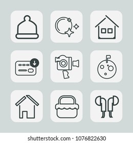 Premium set of outline icons. Such as camera, property, headset, food, summer, white, sky, cap, moonlight, handle, astronaut, video, bag, style, estate, background, real, night, planet, building, head