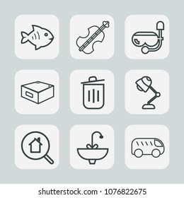 Premium set of outline icons. Such as bus, fresh, musical, bin, snorkel, instrument, fishing, water, sound, fish, estate, animal, real, violoncello, music, light, sink, garbage, left, food, tap, move