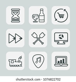 Premium set of outline icons. Such as trolley, music, clock, player, travel, alcohol, white, red, screen, transport, railway, water, shop, retail, minute, boat, audio, template, laptop, restaurant