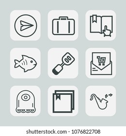 Premium set of outline icons. Such as cartoon, journey, send, terminal, file, retail, message, spatula, communication, tourism, fish, monster, receipt, seafood, bugle, utensil, email, book, travel