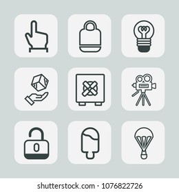 Premium set of outline icons. Such as pointer, touch, parachute, video, tripod, parachuting, button, background, security, box, electric, safety, delivery, white, lamp, extreme, bag, shipping, lock