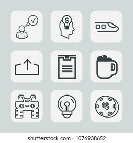 Premium set of outline icons. Such as businessman, coffee, transportation, quad, profile, complete, box, risk, shipping, creativity, web, concept, electric, atv, railway, electricity, transport, train