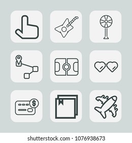 Premium set of outline icons. Such as navigation, music, pointer, guitar, soccer, sign, ventilator, balance, location, map, aircraft, web, plane, pitch, electric, wind, propeller, fashion, point, rock