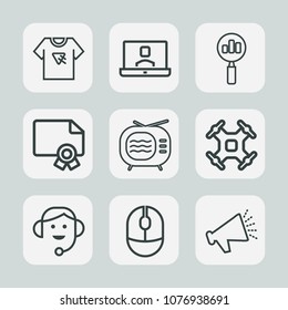 Premium set of outline icons. Such as online, woman, diploma, voice, t-shirt, loudspeaker, antenna, award, people, business, shirt, tshirt, aerial, sound, control, internet, tv, communication, search