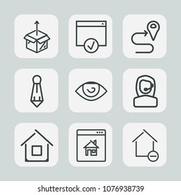 Premium set of outline icons. Such as approve, house, sign, estate, web, box, body, carton, direction, gps, concept, package, suit, building, office, tie, route, unpacking, shipping, internet, eye