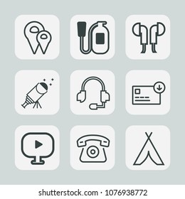 Premium set of outline icons. Such as navigation, astronomy, night, camp, protection, telescope, equipment, travel, sound, music, mobile, sack, home, safety, support, emergency, tent, audio, adventure