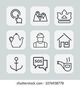 Premium set of outline icons. Such as kettle, ship, king, estate, press, road, building, push, drink, danger, construction, queen, button, touch, retro, home, engineer, classic, hot, wheel, nautical