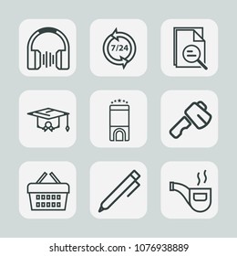 Premium set of outline icons. Such as business, basket, technology, sound, hotel, call, audio, music, office, equipment, store, luxury, college, pencil, write, market, service, construction, stereo