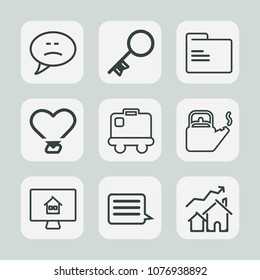 Premium set of outline icons. Such as estate, airport, object, dialog, property, folder, travel, bubble, speech, chat, real, bag, file, message, transportation, home, luggage, empty, kitchen, sign