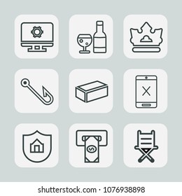 Premium set of outline icons. Such as wine, atm, queen, house, coaxial, home, property, cash, brick, sign, computer, setting, business, technology, fishing, cord, protect, furniture, glass, crown, red