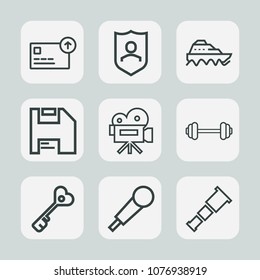 Premium set of outline icons. Such as secure, shield, gym, sea, tripod, transport, money, sign, camera, mic, sky, space, guard, safety, door, night, exercise, business, retro, ship, astronomy, coin
