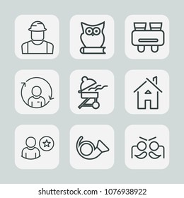Premium set of outline icons. Such as carnival, quality, house, man, bird, bbq, refresh, trumpet, glasses, work, profile, person, jazz, building, construction, musical, watch, animal, nature, cute