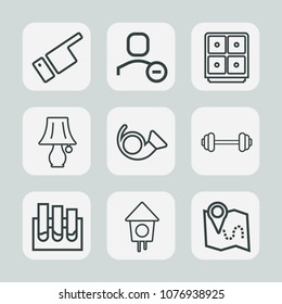 Premium set of outline icons. Such as wooden, travel, male, hand, trumpet, table, jazz, white, switch, finger, road, money, fitness, lamp, bird, musical, home, bank, pointing, delete, workout, pin