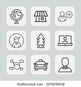 Premium set of outline icons. Such as forest, transportation, transport, nature, person, vehicle, environment, home, globe, technology, network, car, man, boy, geography, house, map, earth, taxi, tree