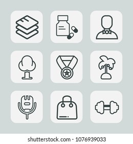 Premium set of outline icons. Such as communication, concept, medicine, pharmacy, reward, palm, tropical, gym, success, male, environment, business, retail, fitness, nature, leaf, microphone, win, buy