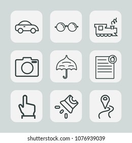 Premium set of outline icons. Such as house, map, finger, traffic, open, road, real, estate, vision, train, travel, eyeglasses, screen, location, camera, protection, photo, rain, contract, click, lens
