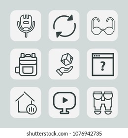 Premium set of outline icons. Such as sing, web, backpack, reload, sound, leather, business, voice, real, video, internet, package, entertainment, refresh, music, delivery, sunglasses, glasses, sign