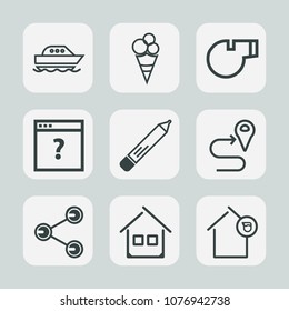 Premium set of outline icons. Such as cream, office, water, cruise, whistle, boat, ocean, house, building, blue, vessel, dessert, navigation, white, unknown, yacht, sweet, stationery, referee, home