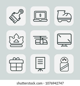 Premium set of outline icons. Such as internet, train, leisure, notebook, sky, presentation, fun, technology, young, screen, pc, businessman, sport, ingredient, holiday, lifestyle, computer, monitor