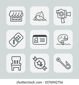 Premium set of outline icons. Such as room, identity, handle, modern, interior, wild, row, chair, document, domino, store, sea, wildlife, rod, seafood, ribbon, video, shop, ocean, market, marine, film