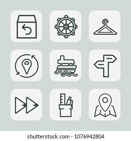 Premium set of outline icons. Such as return, player, sign, travel, ship, hanger, shipping, sea, button, music, stationery, delivery, clothes, audio, wheel, service, shipment, rack, clothing, marine