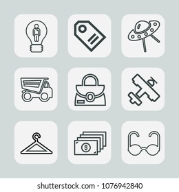 Premium set of outline icons. Such as currency, spaceship, airplane, bulb, money, dump, plane, creative, flight, business, bag, concept, discount, object, sale, technology, space, clothing, aircraft