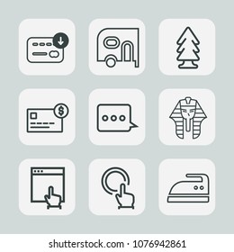 Premium set of outline icons. Such as card, money, finger, credit, white, bank, sign, message, website, van, currency, click, ironing, wealth, transportation, nature, internet, tree, transport, truck