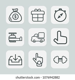 Premium set of outline icons. Such as finance, aviation, web, gesture, holiday, present, white, hand, transport, download, exercise, christmas, celebration, coin, gift, click, transportation, lorry