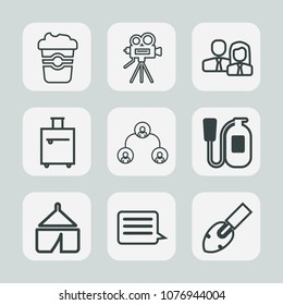 Premium set of outline icons. Such as bag, luggage, cup, tripod, construction, hot, drink, lens, suitcase, hierarchy, equipment, adventure, office, caffeine, film, staff, video, shovel, espresso, tent